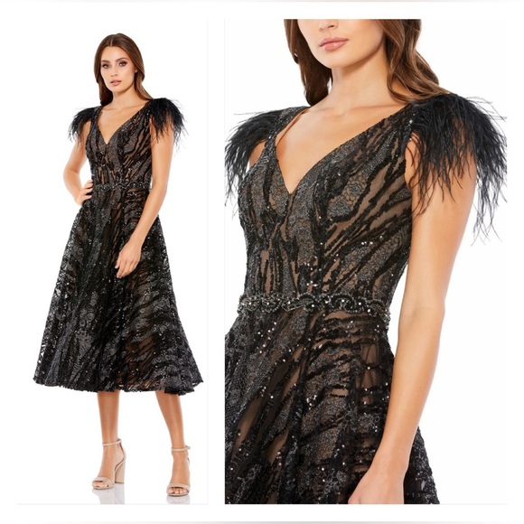Mac Duggal 79339 NWT Feather Sleeve Shimmer Lace Dress - Picture 1 of 10